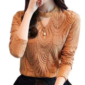 2017 Autumn Women Lace Blouse Long Sleeve Fashion Blouses and Shirts Crochet Blusas Casual Female Clothing Plus Size Femme Tops