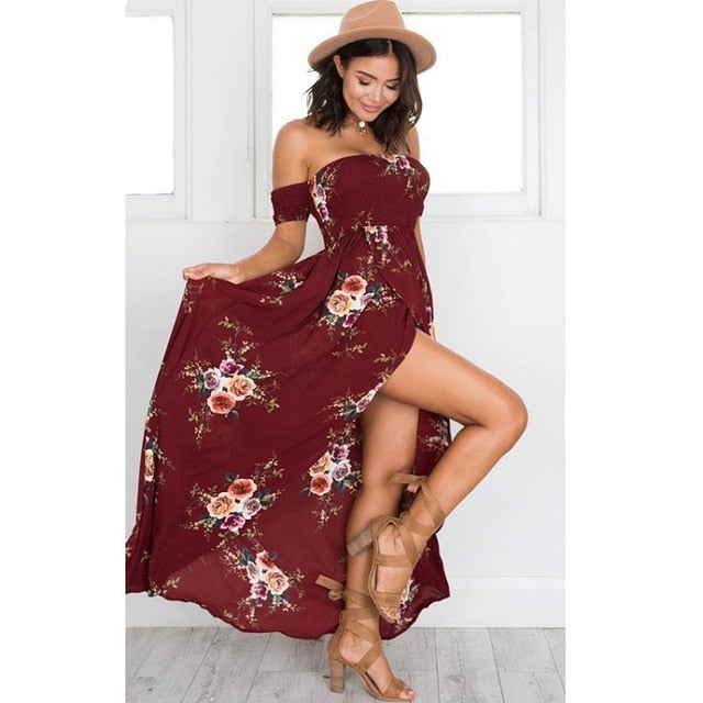 ELSVIOS Women Off Shoulder Floral Print Boho Dress Fashion Beach Summer Dresses Ladies Strapless Long Maxi Dress Vestidos XS-5XL