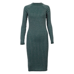 Wixra Warm and Charm Women Sweater Dress 2017 Fall Winter Long Sexy Lurex Bodycon Dresses Elastic Striped Skinny Knitted Dress