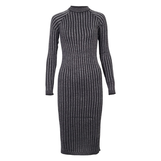 Wixra Warm and Charm Women Sweater Dress 2017 Fall Winter Long Sexy Lurex Bodycon Dresses Elastic Striped Skinny Knitted Dress