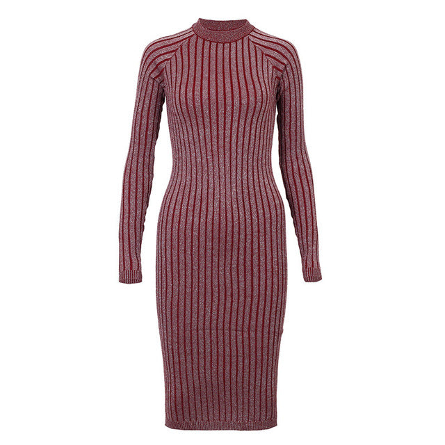 Wixra Warm and Charm Women Sweater Dress 2017 Fall Winter Long Sexy Lurex Bodycon Dresses Elastic Striped Skinny Knitted Dress