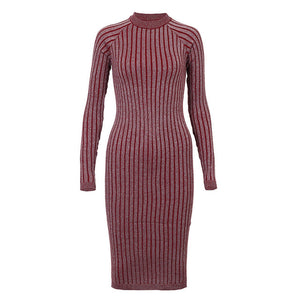 Wixra Warm and Charm Women Sweater Dress 2017 Fall Winter Long Sexy Lurex Bodycon Dresses Elastic Striped Skinny Knitted Dress