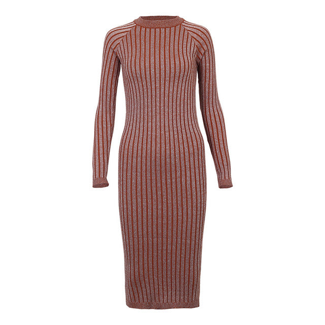 Wixra Warm and Charm Women Sweater Dress 2017 Fall Winter Long Sexy Lurex Bodycon Dresses Elastic Striped Skinny Knitted Dress