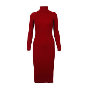 Wixra Warm Women Autumn Winter Sweater Knitted Dresses Slim Elastic Turtleneck Long Sleeve Sexy Lady Bodycon Robe Dresses