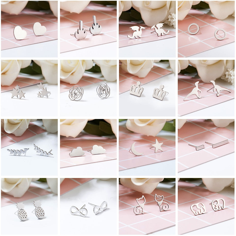 Silver Stainless Steel Animal Heart Leaf Cat Flower Star Stud Earrings for Women Girls Minimalist Jewelry Accessories Gifts