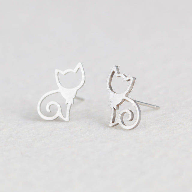 Silver Stainless Steel Animal Heart Leaf Cat Flower Star Stud Earrings for Women Girls Minimalist Jewelry Accessories Gifts