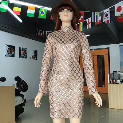 Autumn Winter Black Long Sleeve Sequins Dress 2018 Sexy Bodycon Sheath Gold Pattern High Neck Party Dresses Nightclub Vestidos