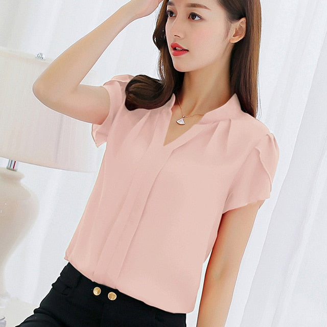 2018 Women Shirt Chiffon Blusas Femininas Tops Short Sleeve Elegant Ladies Formal Office Blouse Plus Size Chiffon Shirt clothing