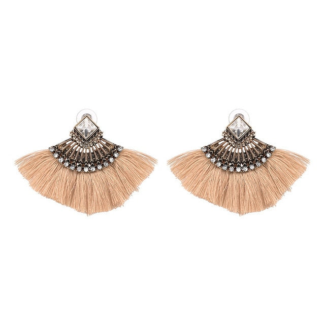 Bohemia Dangle Drop Earrings Women Accessories Fan Shaped Cotton Handmade Tassels Fringed Earrings Ethnic Jewelry