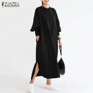 Newest 2018 ZANZEA Women Striped Dress Vintage Long Batwing Sleeve O Neck Casual Loose Split Maxi Long Dress Plus Size Vestidos