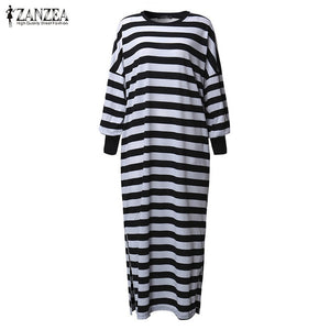 Newest 2018 ZANZEA Women Striped Dress Vintage Long Batwing Sleeve O Neck Casual Loose Split Maxi Long Dress Plus Size Vestidos