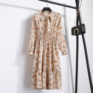 NIJIUDING Summer Autumn Chiffon Print Dress Casual Cute Women floral Long Bowknot Dresses Long Sleeve Vestido S-XL Size