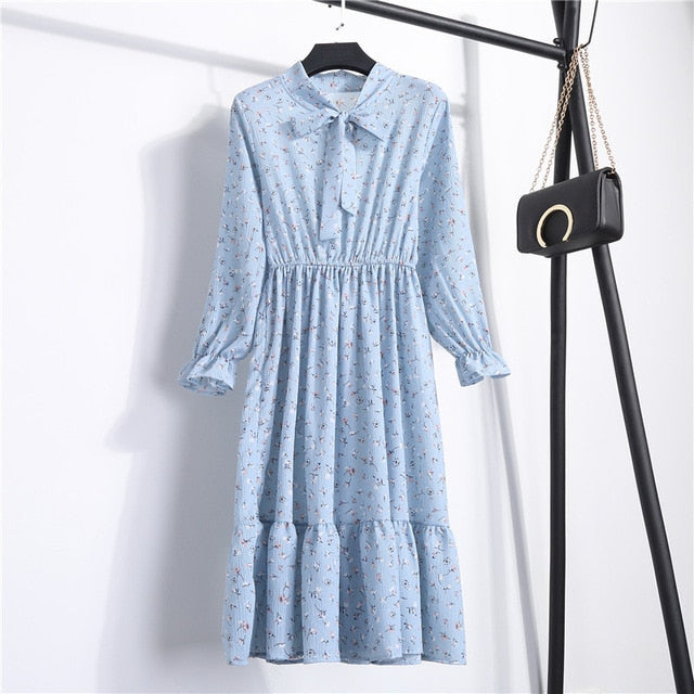 NIJIUDING Summer Autumn Chiffon Print Dress Casual Cute Women floral Long Bowknot Dresses Long Sleeve Vestido S-XL Size