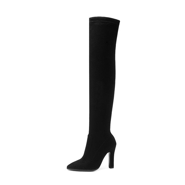 QUTAA 2019 Women Over The Knee High Boots Slip on Winter Shoes Thin High Heel Pointed Toe All Match Women Boots Size 34-43