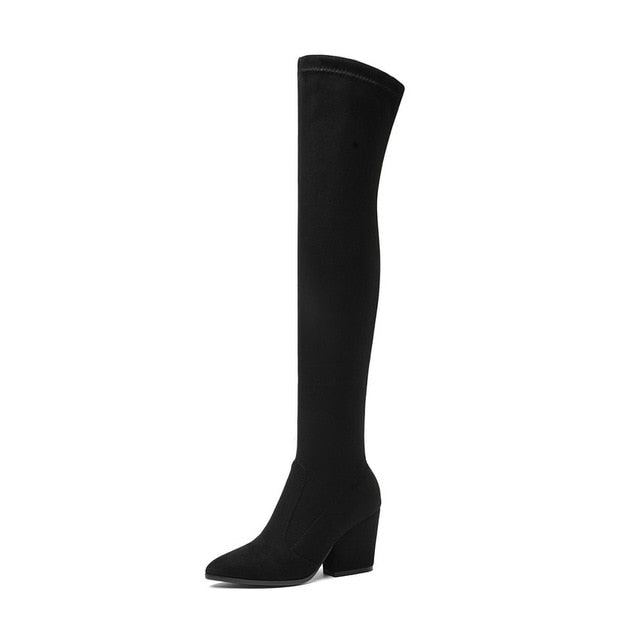 QUTAA 2019 Women Over The Knee High Boots Hoof Heels Winter Shoes Pointed Toe Sexy Elastic Fabric  Women Boots Size 34-43