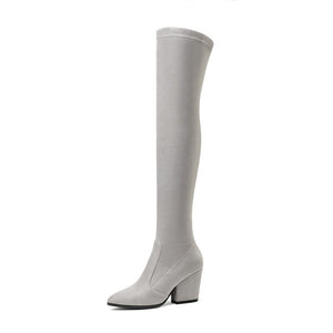 QUTAA 2019 Women Over The Knee High Boots Hoof Heels Winter Shoes Pointed Toe Sexy Elastic Fabric  Women Boots Size 34-43