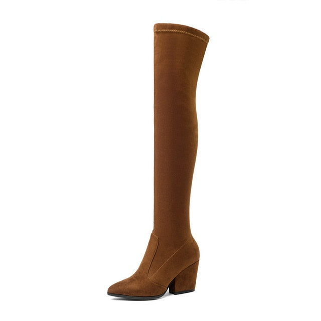 QUTAA 2019 Women Over The Knee High Boots Hoof Heels Winter Shoes Pointed Toe Sexy Elastic Fabric  Women Boots Size 34-43