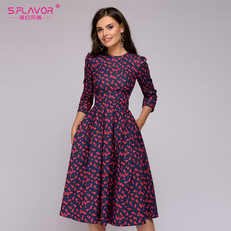 S.FLAVOR Women Elegent A-line Dress 2018 Vintage printing party vestidos Three Quarter Sleeve women Autumn Dress(No Pockets)