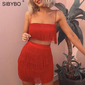 SIBYBO Tassel Strapless Sexy Two Pieces Set  Bandage Dress 2018 Red White Summer Women Dress Elegant  Mini Club Party Dresses