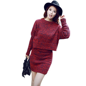 GOPLUS 2018 Winter 2 Pieces Sweater Dress Set Women Long Sleeve Office Wear Casual Gray  Pullover Knitted Dresses Clothing Suit