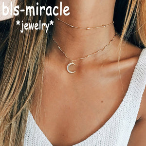 Bls-miracle New Fashion Gold Color Multi-layer Necklaces Women Crystal Moon Pendant Necklace For Couple Lovers' Accessories N469