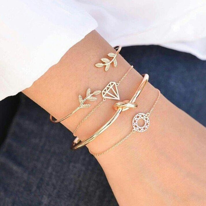 docona 4pcs/1set Punk Bracelet Simple Geometric Leaf Knot Metal Chain Bracelet Bohemian Retro Bracelet Jewelry Accessories 6115