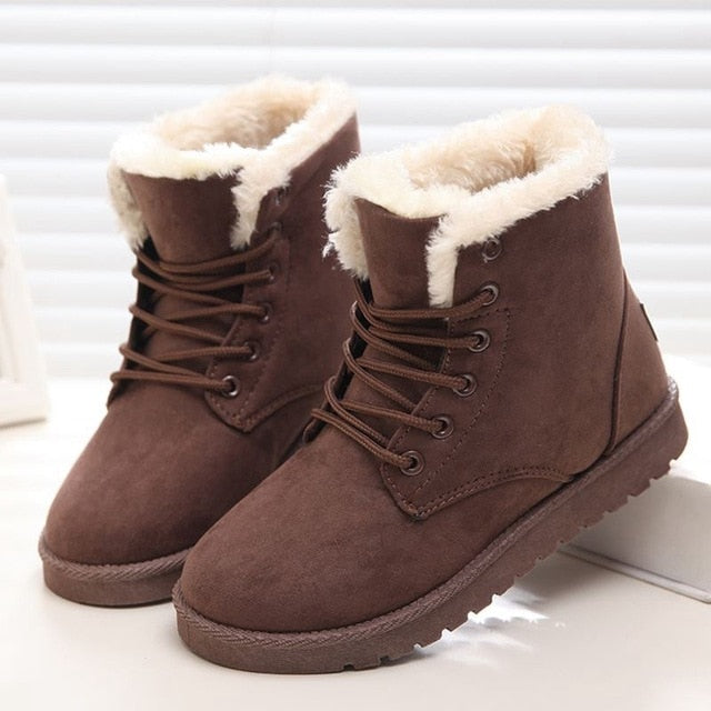 LAKESHI Hot Women Boots Winter Warm Snow Boots Women Botas Mujer Lace Up Fur Ankle Boots Ladies Winter Women Shoes Black NM01