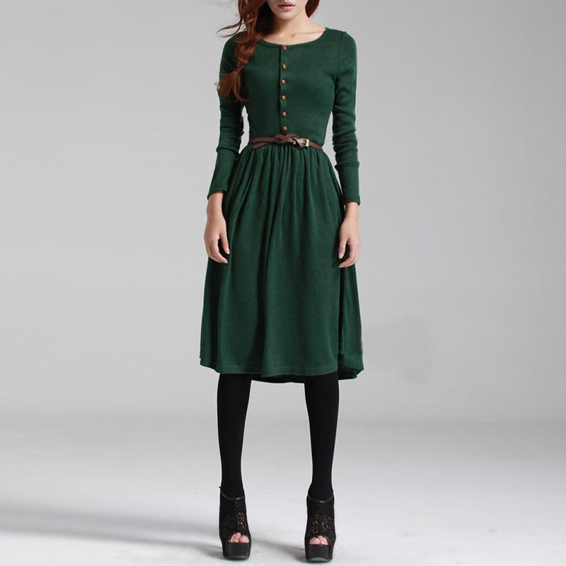 2018 Hot Sale Black Green Women Long Sleeve Knitted Button Dress Autumn Winter Dress Ladies O Neck Casual Party Dress With Belt