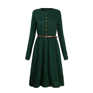 2018 Hot Sale Black Green Women Long Sleeve Knitted Button Dress Autumn Winter Dress Ladies O Neck Casual Party Dress With Belt