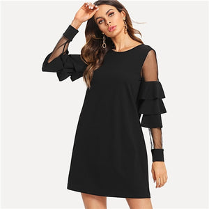 Sheinside Ruffle Sleeve Black A Line Work Dress Round Neck Contrast Mesh Tiered Layer Straight Women Fall Elegant Mini Dress