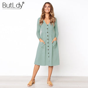 Long Sleeve V-Neck Pockets Button Dress Women 2018 Summer Autumn Midi Shirt Dress Sexy Casual A-Line Beach Sundress Ladies Dress