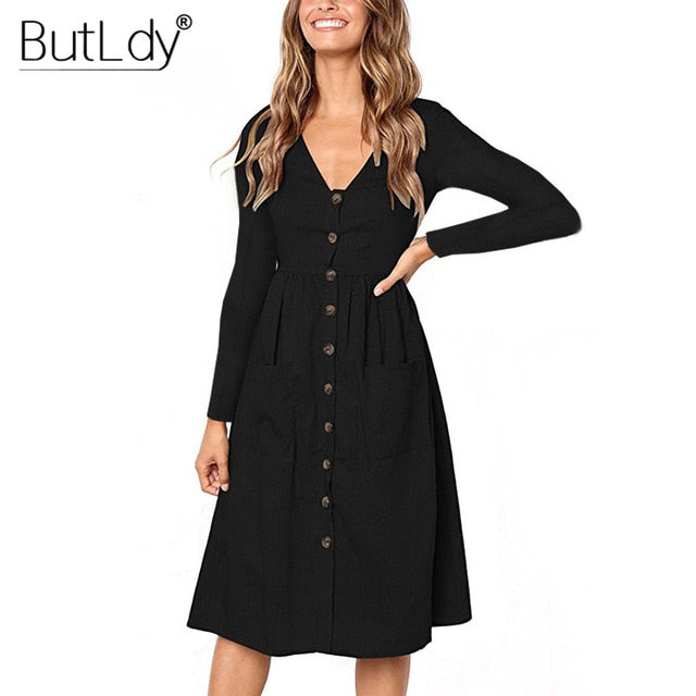 Long Sleeve V-Neck Pockets Button Dress Women 2018 Summer Autumn Midi Shirt Dress Sexy Casual A-Line Beach Sundress Ladies Dress