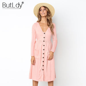 Long Sleeve V-Neck Pockets Button Dress Women 2018 Summer Autumn Midi Shirt Dress Sexy Casual A-Line Beach Sundress Ladies Dress