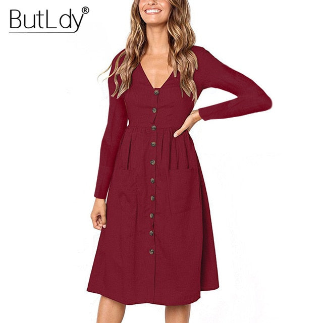 Long Sleeve V-Neck Pockets Button Dress Women 2018 Summer Autumn Midi Shirt Dress Sexy Casual A-Line Beach Sundress Ladies Dress