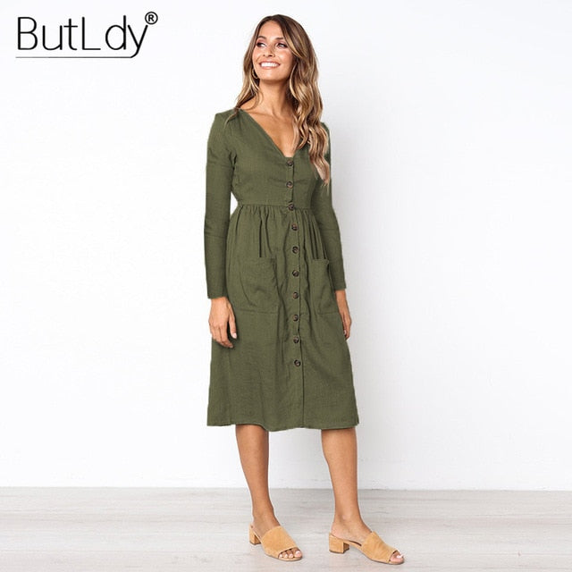 Long Sleeve V-Neck Pockets Button Dress Women 2018 Summer Autumn Midi Shirt Dress Sexy Casual A-Line Beach Sundress Ladies Dress