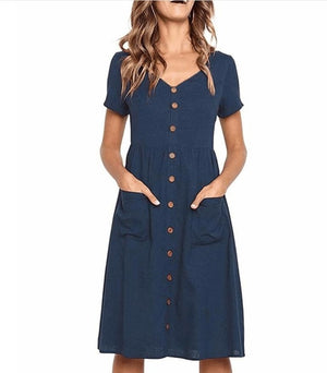 Long Sleeve V-Neck Pockets Button Dress Women 2018 Summer Autumn Midi Shirt Dress Sexy Casual A-Line Beach Sundress Ladies Dress