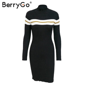 BerryGo Casual striped sweater knitted bodycon dress Women elegant pullover 2018 ladies dresses Autumn winter short dress jumper