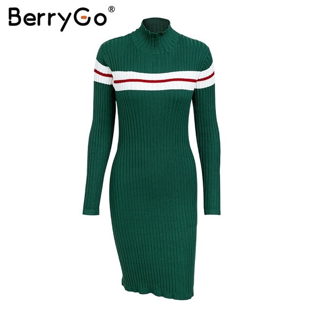 BerryGo Casual striped sweater knitted bodycon dress Women elegant pullover 2018 ladies dresses Autumn winter short dress jumper