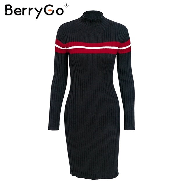 BerryGo Casual striped sweater knitted bodycon dress Women elegant pullover 2018 ladies dresses Autumn winter short dress jumper