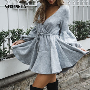 VIEUNSTA New Women V Neck Ruffle Knitted Sweater Dress Autumn Winter Lace Up Short Dresses Casual Long Sleeve Solid A-Line Dress