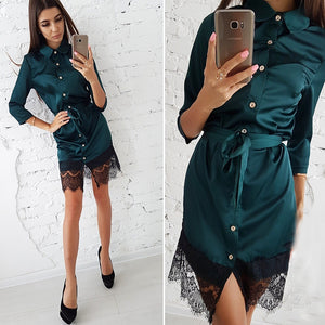 Women Vintage Patchwork Lace Button Dress Ladies Casual Turn-Down Collar Sashes Mini Dresses 2018 Autumn Female Party dress