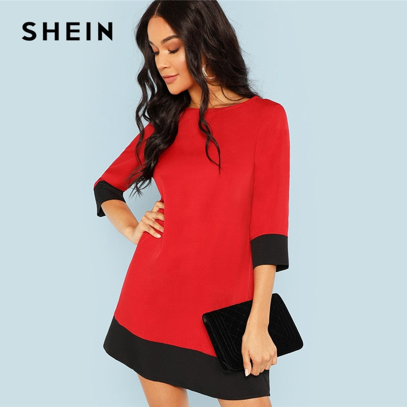 SHEIN Red Contrast Trim Tunic Dress Workwear Colorblock 3/4 Sleeve Short Dresses Women Autumn Elegant Straight Mini Dresses