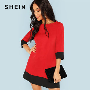 SHEIN Red Contrast Trim Tunic Dress Workwear Colorblock 3/4 Sleeve Short Dresses Women Autumn Elegant Straight Mini Dresses