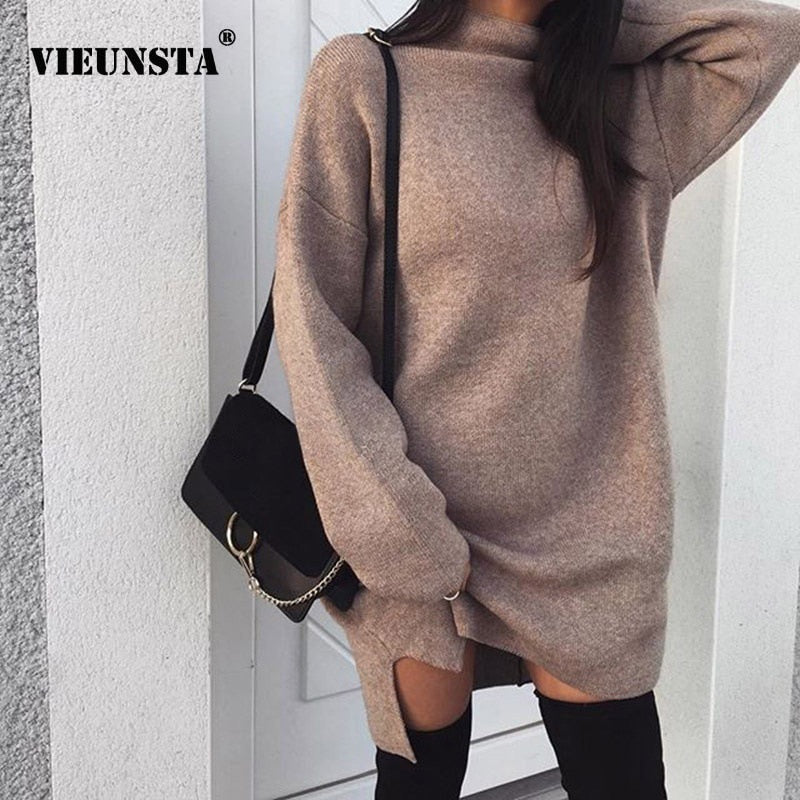 VIEUNSTA 2XL Autumn Winter Knitted Dress Women Turtleneck Long Sleeve Warm Sweater Dress Casual Solid Loose Mini Dresses Vestido