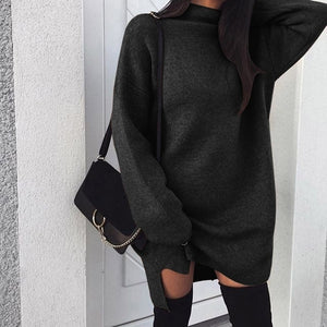 VIEUNSTA 2XL Autumn Winter Knitted Dress Women Turtleneck Long Sleeve Warm Sweater Dress Casual Solid Loose Mini Dresses Vestido