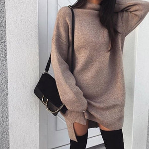 VIEUNSTA 2XL Autumn Winter Knitted Dress Women Turtleneck Long Sleeve Warm Sweater Dress Casual Solid Loose Mini Dresses Vestido