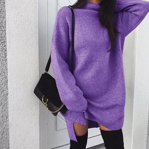 VIEUNSTA 2XL Autumn Winter Knitted Dress Women Turtleneck Long Sleeve Warm Sweater Dress Casual Solid Loose Mini Dresses Vestido