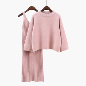 2018 Autumn Womans Sweater + Straped Dress Sets Solid Color Female Casual Two-Pieces Suits Loose Sweater Knit Mini Dress Winter