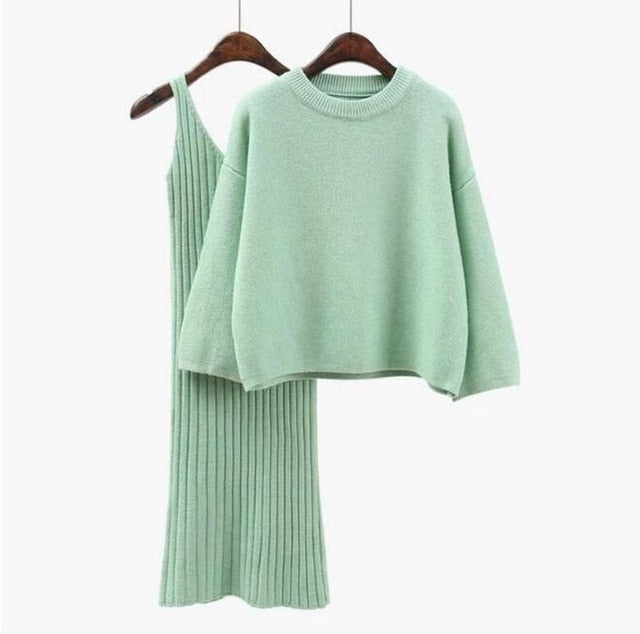 2018 Autumn Womans Sweater + Straped Dress Sets Solid Color Female Casual Two-Pieces Suits Loose Sweater Knit Mini Dress Winter