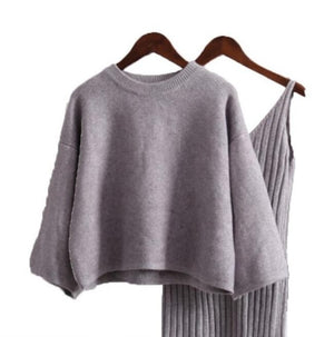 2018 Autumn Womans Sweater + Straped Dress Sets Solid Color Female Casual Two-Pieces Suits Loose Sweater Knit Mini Dress Winter